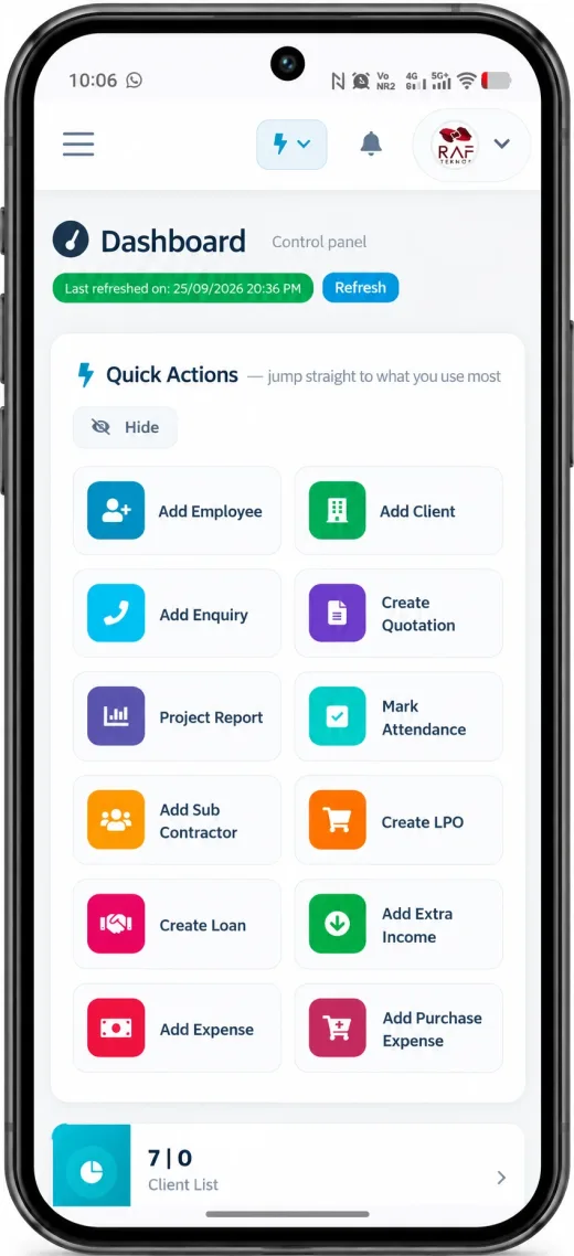 Middlebolt mobile app dashboard with quick actions for enquiries, quotations, attendance, LPOs and expenses