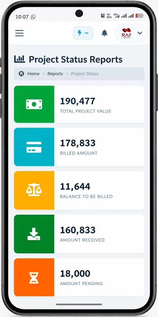 Middlebolt project status report showing total project value, billed amount, balance to bill, amount received and amount pending